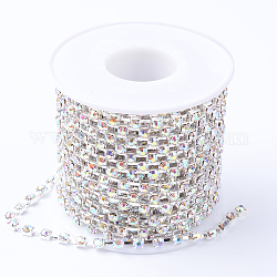 Brass Rhinestone Strass Chains, with Spool, Rhinestone Cup Chains, Silver Color Plated, Crystal AB, 3mm, about 10yards/roll