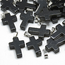 Tinti naturali agata nera pendenti, con moschettone in acciaio inossidabile, croce, 29~30x18~19x5~6mm, Foro: 6x4 mm