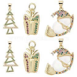 CREATCABIN 6Pcs 3 Style Christmas Theme Brass Micro Pave Cubic Zirconia Pendants, Long-Lasting Plated, Real 18K Gold Plated, Gift Box & Snowman & Tree Charm, Mixed Color, 16.5~27x10.5~18.5x2~3.5mm, Hole: 3.3~5x3.3mm, 2pcs/style