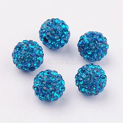 Perles de strass en argile polymère, Perles de boule pavé disco , Grade a, ronde, pp 15, bleu capri, 10mm, Trou: 1.8~2mm, 6 rangs de strass, pp15 (2.1~2.2mm)