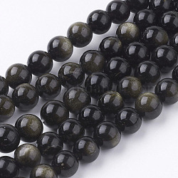 Chapelets de perles en obsidienne dorée naturelle, ronde, 8mm, Trou: 1mm, Environ 48 pcs/chapelet, 15.5 pouce