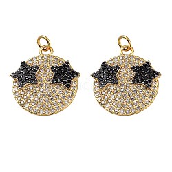 Brass Micro Pave Clear & Black Cubic Zirconia Pendants, with Jump Rings, Long-Lasting Plated, Lead Free & Cadmium Free, Flat Round with Star, Real 18K Gold Plated, 23.5x21.5x2.5mm, Jump Ring: 5x1mm, Inner Diameter: 3mm, 2pcs/set