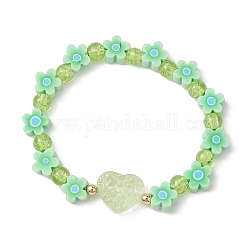 Bracelets extensibles en argile polymère à fleurs faits à la main, Bracelets en perles de cœur en verre craquelé pour femmes, vert clair, diamètre intérieur: 2-1/8 pouce (5.3 cm)