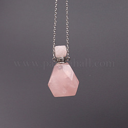 Collar de botella de perfume de cuarzo rosa natural, con cadenas de acero inoxidable, 17.72 pulgada (45 cm)
