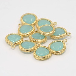 Real 18K Gold Plated Brass Glass Pendants, Triangle Charms, Pale Turquoise, 19x16x5.5mm, Hole: 2mm