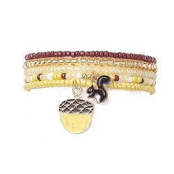 Set di braccialetti elastici con perline in vetro stile 5 pz 5, braccialetti impilabili per donna con ciondoli smaltati in lega di scoiattolo e ghianda, oro, diametro interno: 2-3/8 pollice (5.9 cm), 1pc / style