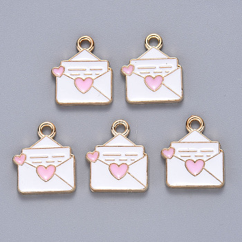 Emaille Anhänger Legierung, Umschlag mit Herz, Licht Gold, Perle rosa, 16x13x1.5 mm, Bohrung: 1.8 mm
