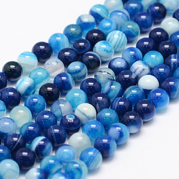 Chapelets de perles en agate rayée naturelle/agate à bandes, ronde, Grade a, teinte, Dodger bleu, 6mm, Trou: 1mm, Environ 62~63 pcs/chapelet, 14.5 pouce