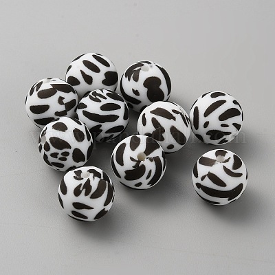 Круглые бусины из пищевого силикона с рисунком коровы SIL-WH0009-08D-1