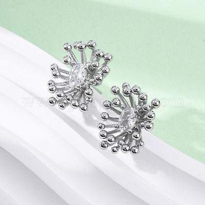 Серьги-гвоздики из латуни с прозрачным кубическим цирконием в виде цветка EJEW-R025-22P-1