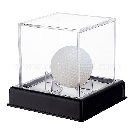 スクエア透明アクリルゴルフボールディスプレイケース  ベース付き防塵ゴルフボール収納ホルダー  ブラック  完成品：10.6x10.6x9.8cm  約2個/セット AJEW-WH0323-05A-1
