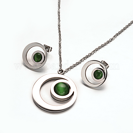 Flat Round 304 Stainless Steel Cat Eye Pendant Necklaces and Ear Studs SJEW-F053-02P-1