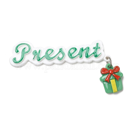 クリスマステーマ不透明樹脂カボション  プラチナトーンの鉄ループ付き  ギフト用の箱  ミディアムシーグリーン  75x40x7mm CRES-D011-01G-1