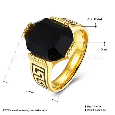 メンズチタンスチールガラスフィンガー指輪  ワイドバンドリング  サイズ7  ブラック  ゴールドカラー  17.3mm RJEW-BB29426-B-7-1