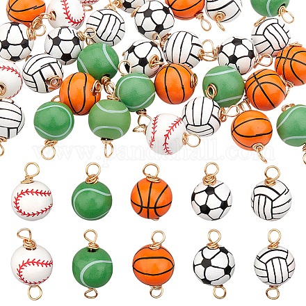 Chgcraft 32 pièces bois sport balle perles connecteur charme bois naturel pendentifs football basket-ball tennis volley-ball pendentif pour bricolage fabrication de bijoux trouver kit FIND-CA0005-91-1
