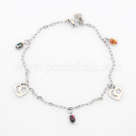 304 Stainless Steel Chain Heart Charm Bracelets BJEW-L406-64-1