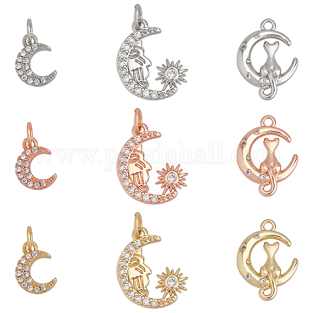 Unicraftale 9Pcs 9 Style Brass Micro Pave Clear Cubic Zirconia Charms ZIRC-UN0001-06-1