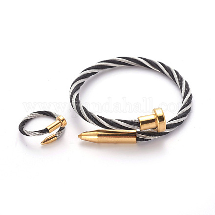304 ensemble de bijoux avec bracelet joncs et bagues en acier inoxydable SJEW-L137-02-1