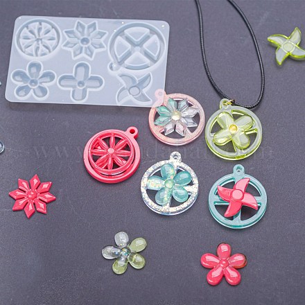 Flat Round Spinning Pendant and Windmill & Snowflake & Flower & Clover & Tyre Cabochon Silicone Molds DIY-P059-08-1