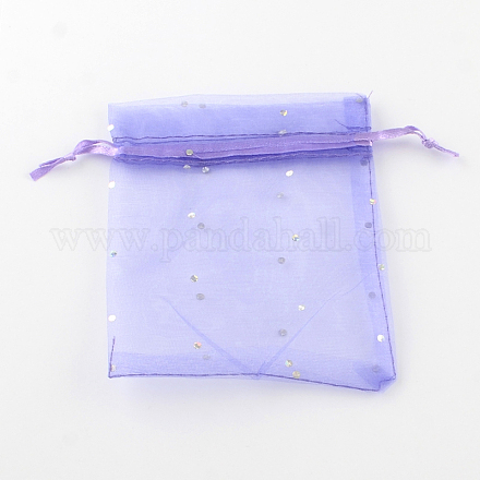 グリッタースパンコール付きレクタングルオーガンジーバッグ巾着袋  ギフトバッグ  紫色のメディア  11x8cm X-OP-R020-8x11-05-1