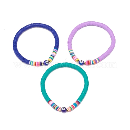 3 pièces 3 couleurs en argile polymère heishi surfeur bracelets de cheville extensibles avec lampwork mauvais œil AJEW-AN00502-1