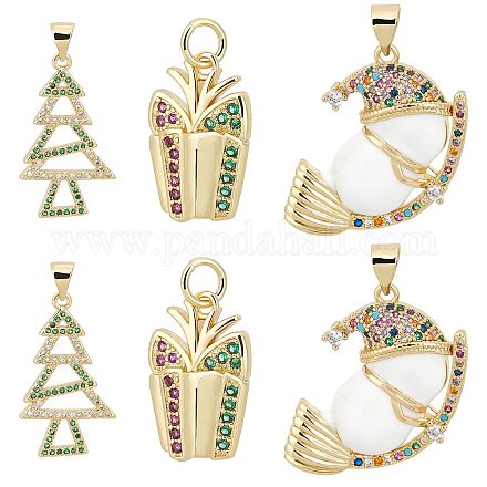 CREATCABIN 6Pcs 3 Style Christmas Theme Brass Micro Pave Cubic Zirconia Pendants ZIRC-CN0001-02-1