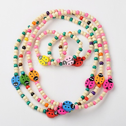 Stretchy Wood Jewelry Sets: Necklaces & Bracelets for Kids SJEW-JS00669-1