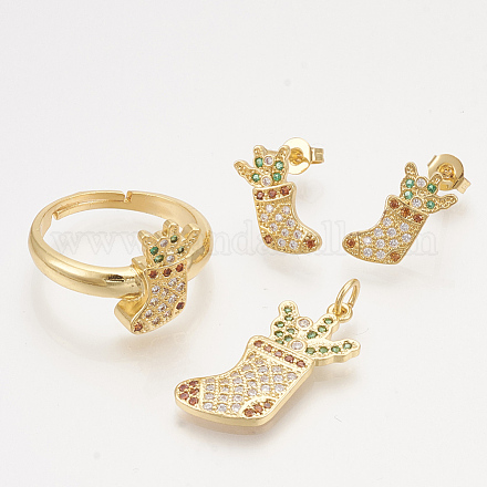 Ciondoli in ottone con zirconi cubici e orecchini a bottone e anelli regolabili set di gioielli SJEW-S043-12-1