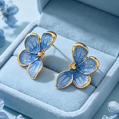 Pendientes de botón de aleación de zinc esmaltados para mujer, flor, dorado, azul aciano, 35x22mm