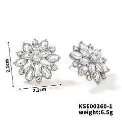 Pendientes bonitos de moda con rhinestone de latón brillante, pendientes de girasol románticos franceses, Platino, 21x21mm