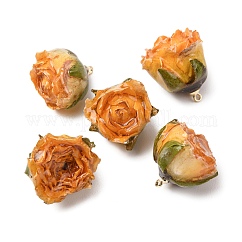 Pendentifs en résine époxy en laiton, pendentifs intérieurs en fleurs séchées, charme de fleur de rose, avec boucle dorée, or, 19~27x21~27x19~28.5mm, Trou: 1.6mm