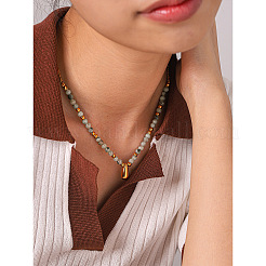 Colliers à perles rondes en acier inoxydable 304 avec pendentif en forme de larme et turquoise africaine naturelle (jaspe)&nbsp;WGE7304-01