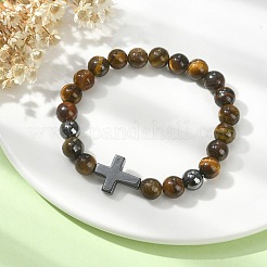 Эластичные браслеты из корса из натурального тигрового глаза и синтетического гематита&nbsp;BJEW-JB09845-03