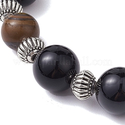 Круглые женские браслеты из натурального черного оникса диаметром 12 мм (окрашенные и с подогревом) и круглые 10 мм из натурального тигрового глаза и сплава из бисера&nbsp;BJEW-JB10559