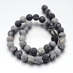 Bereift runde natürliche schwarze Seide Stein / Netstone Perlenstränge&nbsp;G-J338-14-10mm