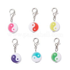 Плоские круглые подвесные украшения из непрозрачного акрила с узором инь-ян&nbsp;HJEW-JM04188