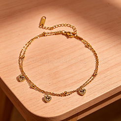 Tobilleras de una sola hebra de acero inoxidable 304 con dije de triple corazón de cristal y rhinestone para mujer.&nbsp;WG509DE-01