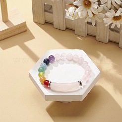 Rectangle de quartz rose naturel et bracelet extensible perlé de pierres mélangées&nbsp;BJEW-JB08981-05