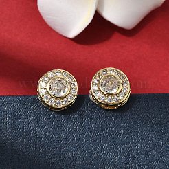 Плоские круглые серьги-гвоздики из латуни с микропаве и прозрачным фианитом&nbsp;EJEW-H180-13G
