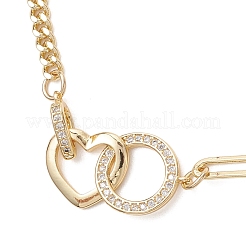 Браслеты из латунных звеньев с микропаве из прозрачных кубических цирконий в форме сердца и кольца&nbsp;BJEW-JB13159