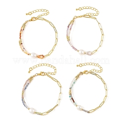 Braccialetti da donna con perline sfaccettate di pietre preziose naturali miste e catena a graffetta in ottone con perle naturali&nbsp;BJEW-JB14324