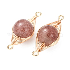 Breloques connecteurs ronds en quartz fraise naturel avec fil de cuivre à chevrons enroulé&nbsp;KK-Z152-05G-04A