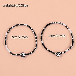 2 шт. набор из эластичных браслетов на лодыжку из полимерной глины «инь-ян» со стеклянными бусинами для женщин&nbsp;FS-WG3863F-08