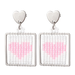 Boucles d'oreilles pendantes carrées en perles de verre faites à la main avec cœur&nbsp;EJEW-MZ00559-03