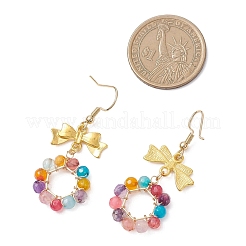 3 пара серег-подвесок из окрашенного и нагретого натурального агата с бантом и кольцом&nbsp;EJEW-JE06839