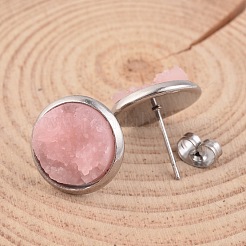 Orecchini a bottone in resina druzy in acciaio inossidabile 304 tondi e piatti&nbsp;EJEW-JE01964