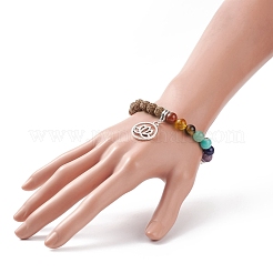 Bracelet extensible en bois de rudraksha naturel et mélange de pierres précieuses avec breloque en alliage de lotus&nbsp;BJEW-TA00151