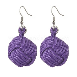 Orecchini pendenti a sfera intrecciati in poliestere e spandex fatti a mano con perline di legno naturale&nbsp;EJEW-JE05166