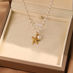 Collier pour femme avec pendentif étoile de mer en acier inoxydable 304 et chaîne à maillons en perles de plastique blanches rondes.&nbsp;WG54747-01