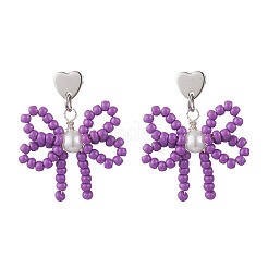 Pendientes colgantes de cuentas de vidrio hechos a mano con forma de corazón y lazo&nbsp;EJEW-MZ00474-03